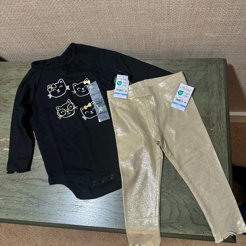 NWT 12 months Garanimals Black Cat Print Onesie with Gold Leggings